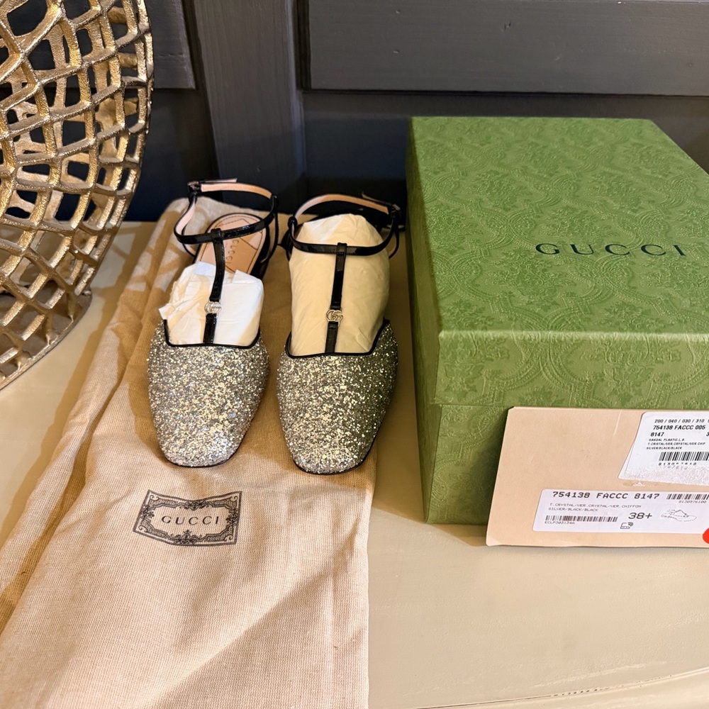 NWT Gucci Double G Glitter T-Strap Ballet Flats (Size 38.5 | EU 38½ | US 8)